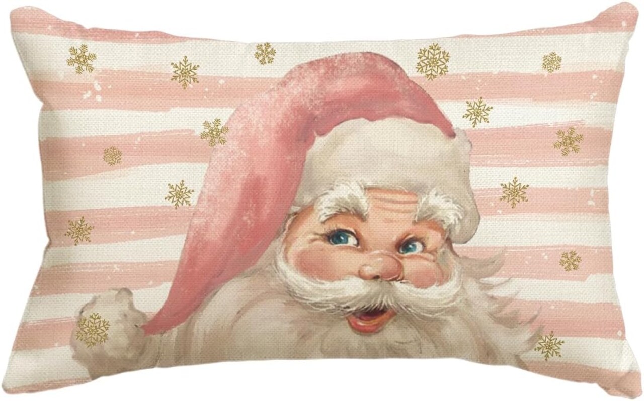Pink Santa Claus Stripes Throw Pillow Cover, 12 x 20 Inch Pink Christmas Cushion Case Decoration for Sofa Couch